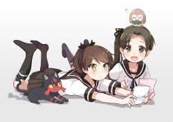 Rule 34 | 10s, 2girls, :d, ?, ayanami (kancolle), black ribbon, black socks, brown eyes, brown hair, commentary request, creatures (company), full body, game console, game freak, gen 7 pokemon, hair ribbon, kantai collection, kneehighs, legs up, litten, long hair, lying, multiple girls, nintendo, no shoes, on head, on stomach, onbin ha, open mouth, outstretched arms, parted bangs, playing games, pleated skirt, pokemon, pokemon (creature), pokemon on head, ponytail, ribbon, rowlet, school uniform, serafuku, shikinami (kancolle), short hair, short sleeves, side ponytail, skirt, smile, socks, yellow eyes
