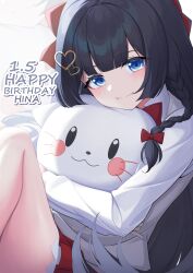Rule 34 | 1girl, absurdres, black bow, black hair, blue eyes, blunt bangs, bow, braid, collared shirt, grey sweater vest, hair bow, hair ornament, happy birthday, heart, heart hair ornament, highres, korean commentary, long hair, long sleeves, looking at viewer, red skirt, shirayuki hina, shirt, side braid, skirt, smile, solo, sora (men0105), stellive, stuffed toy, sweater vest, very long hair, white shirt