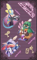Rule 34 | black necktie, bright pupils, character name, clothed pokemon, collared shirt, commentary request, creatures (company), cup, decidueye, fork, game freak, gen 6 pokemon, gen 7 pokemon, gen 8 pokemon, glass, greninja, highres, holding, holding cup, inteleon, jacket, looking down, necktie, nintendo, pkpokopoko3, pokemon, pokemon (creature), shirt, vest, white jacket, white pupils, yellow eyes