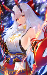 Rule 34 | 1girl, armor, arrow (projectile), bare shoulders, between fingers, bow, bow (weapon), breasts, closed mouth, commentary request, detached sleeves, fate/grand order, fate (series), fire, hair bow, hand up, head tilt, headband, high collar, highres, holding, horns, horz, japanese armor, kote, kusazuri, large breasts, long hair, looking at viewer, oni horns, red bow, red eyes, sidelocks, sleeveless, slit pupils, smile, solo, standing, tomoe gozen (fate), weapon, white hair, white headband