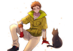 Rule 34 | 1boy, back, biseibutu, black cat, brown eyes, brown hair, cat, chipie (gnosia), closed mouth, gloves, gnosia, highres, long sleeves, looking at viewer, pants, red gloves, short hair, simple background, solo, white background, white pants