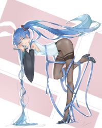 Rule 34 | 1girl, absurdres, aqua eyes, bent over, blue hair, detached sleeves, from side, full body, hatsune miku, high heels, highres, interlocked fingers, lanzi (415460661), long hair, looking at viewer, microphone, microphone stand, pantyhose, solo, thighband pantyhose, twintails, very long hair, vocaloid