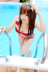 Rule 34 | 1girl, arm support, asian, bikini, blue eyes, breasts, color contacts, cosplay, eyewear on head, hairpods, kipi-san, long hair, looking at viewer, mole, neon genesis evangelion, orange hair, outdoors, partially submerged, photo (medium), pool, small breasts, smile, solo, souryuu asuka langley, souryuu asuka langley (cosplay), striped bikini, striped clothes, sunglasses, swimsuit, water, white-framed eyewear, zipper