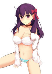 Rule 34 | 1girl, absurdres, amen, bare shoulders, bow, breasts, cleavage, collar, fate/stay night, fate (series), hair bow, highres, large breasts, matou sakura, navel, open clothes, open shirt, panties, purple eyes, purple hair, shirt, side-tie panties, smile, underwear, white background