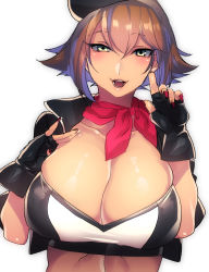 Rule 34 | 10s, 1girl, :d, bad id, bad pixiv id, black gloves, breasts, brown hair, cleavage, fingerless gloves, gloves, grey eyes, hat, highres, hohehohe, kantai collection, large breasts, looking at viewer, mutsu (kancolle), nail polish, open mouth, red nails, short hair, simple background, smile, solo, teeth, white background