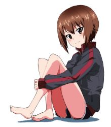 Rule 34 | 1girl, barefoot, black jacket, black shorts, brown eyes, brown hair, closed mouth, commentary, dolphin shorts, girls und panzer, hugging own legs, jacket, kayabakoro, light blush, long sleeves, looking at viewer, nishizumi maho, shadow, short hair, short shorts, shorts, simple background, sitting, smile, solo, track jacket, white background