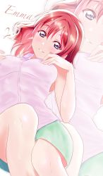 Rule 34 | 1girl, absurdres, aqua eyes, artist name, artist request, bare legs, blue eyes, blush, breast press, breasts, brown hair, close-up, collared shirt, emma verde, female focus, freckles, green shorts, hair between eyes, hand on own breast, highres, long hair, looking at viewer, love live!, love live! nijigasaki high school idol club, parted lips, pink shirt, red hair, shirt, short shorts, shorts, sleeveless, sleeveless shirt, smile, solo, teeth, white background, wing collar