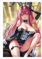 Rule 34 | 1girl, animal ears, bare shoulders, blue eyes, blush, bow, bow panties, breasts, card, casino card table, cleavage, detached collar, dress, elbow gloves, fake animal ears, gloves, hair ornament, high heels, highres, holding, indoors, knee up, large breasts, long hair, looking at viewer, open mouth, original, panties, pink hair, rabbit ears, simple background, sitting, smile, solo, strapless, strapless dress, table, teeth, thigh strap, thighs, tomose shunsaku, twintails, underwear, upper teeth only