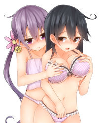 Rule 34 | 10s, 2girls, :o, ahoge, akebono (kancolle), bare shoulders, bell, black hair, blush, bow, bow bra, bow panties, bra, breast envy, breasts, brown eyes, brown hair, camisole, cowboy shot, flower, grabbing, grabbing another&#039;s breast, grabbing another's breast, guided breast grab, guiding hand, hair bell, hair flower, hair ornament, jingle bell, jitome, kantai collection, large breasts, long hair, mizushina minato, multiple girls, navel, open mouth, panties, pink bra, pink panties, plaid, plaid bra, purple eyes, purple hair, side ponytail, simple background, tank top, underwear, underwear only, ushio (kancolle), very long hair, white background