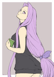 Rule 34 | 1girl, ass, black sweater, bow, cowboy shot, dress, fate/stay night, fate (series), from behind, glasses, hair bow, hair intakes, head tilt, holding, kouda tomohiro, long hair, looking at viewer, looking back, low-tied long hair, medusa (fate), medusa (rider) (fate), pink eyes, purple bow, purple hair, sketch, solo, square pupils, standing, sweater, sweater dress, twitter username, very long hair