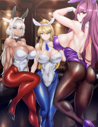 Rule 34 | 3girls, animal ears, artoria pendragon (all), artoria pendragon (fate), artoria pendragon (swimsuit ruler) (fate), ass, back, bare shoulders, black footwear, black legwear, blonde hair, blue eyes, blue pantyhose, blush, bow, bowtie, breasts, caenis (fate), cleavage, covered erect nipples, covered navel, dark-skinned female, dark skin, fake animal ears, fate/grand order, fate (series), fishnet legwear, fishnets, green eyes, hair between eyes, high heels, horse ears, koucha indian, large breasts, leotard, long hair, looking at viewer, multiple girls, necktie, official alternate costume, open mouth, pantyhose, platinum blonde hair, playboy bunny, ponytail, purple footwear, purple hair, rabbit ears, red eyes, red legwear, scathach (fate), scathach (piercing bunny) (fate), shiny clothes, shiny skin, sitting, smile, wrist cuffs
