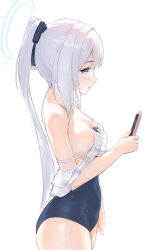 Rule 34 | 1girl, blue archive, blue one-piece swimsuit, blush, breasts, cellphone, chinese commentary, closed mouth, commentary request, covered navel, demonwarlock, halo, highres, holding, holding phone, long hair, medium breasts, mixed-language commentary, miyako (blue archive), miyako (swimsuit) (blue archive), nipple slip, nipples, one-piece swimsuit, partial commentary, phone, ponytail, purple eyes, sidelocks, simple background, smartphone, solo, strap slip, swimsuit, wet, white background, white hair