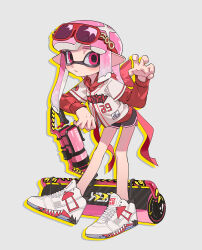 1girl absurdres asymmetrical_sidelocks black_shorts blush bow carbon_roller_(splatoon) claw_pose dolphin_shorts drop_shadow eyewear_on_head full_body grey_background hair_bow hand_up highres hood hood_down hoodie inkling inkling_girl inkling_player_character jersey long_hair long_sleeves looking_to_the_side namazuoku nintendo parted_lips pink_eyes pink_hair pink_trim pointy_ears red-framed_eyewear red_bow red_hoodie shorts simple_background solo splatoon_(series) standing sunglasses tentacle_hair white_footwear