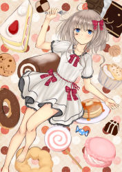 Rule 34 | 1girl, 96tuki, bad id, bad pixiv id, bare legs, barefoot, blue eyes, blush, bow, butter, cake, cake slice, candy, checkerboard cookie, chocolate, chocolate bar, cookie, cupcake, doughnut, dress, food, food on face, fork, fruit, grey hair, hair bow, highres, holding, lollipop, looking at viewer, lying, macaron, meiji (brand), muffin, on back, original, pancake, plate, ribbon, short hair, solo, sponge cake, pancake stack, strawberry, strawberry shortcake, swirl lollipop, swiss roll, syrup, toes