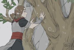 Rule 34 | 1boy, blush, brown hair, dated, drruraguchi, grey background, hands up, highres, leaf, long hair, luozhu (the legend of luoxiaohei), open mouth, plant, pointy ears, profile, short sleeves, solo, tears, luo xiaohei zhanji, upper body