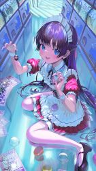 Rule 34 | 1girl, absurdres, apron, atatatatame01, black footwear, blue eyes, blush, charm (object), collared dress, commentary, cross-laced clothes, dress, flyer, frilled apron, frills, full body, gashapon, half updo, highres, holding charm, long hair, looking at viewer, maid, maid apron, maid headdress, mary janes, nervous smile, nijisanji, on floor, open mouth, pleated dress, puffy short sleeves, puffy sleeves, purple hair, red dress, shoes, short sleeves, sitting, smile, solo, sweatdrop, thighhighs, tsukino mito, tsukino mito (9th costume), very long hair, virtual youtuber, wariza, white apron, white thighhighs, wrist cuffs