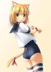Rule 34 | 1girl, animal ear fluff, animal ears, ass, beige background, black sailor collar, black thighhighs, blonde hair, blouse, blue one-piece swimsuit, cat ears, cat tail, clothing cutout, cowboy shot, fang, from behind, from side, gradient background, green eyes, highres, neckerchief, one-piece swimsuit, open mouth, original, paw pose, sailor collar, sailor shirt, school swimsuit, school uniform, serafuku, shibacha, shirt, short ponytail, skin fang, skindentation, smile, solo, standing, striped clothes, striped thighhighs, swimsuit, swimsuit under clothes, tail, tail through clothes, thighhighs, thighs, white shirt, white thighhighs, yellow neckerchief