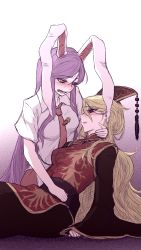 Rule 34 | 2girls, animal ears, blonde hair, blush, carrot, carrot tie clip, chinese clothes, commentary request, cradling head, crying, crying with eyes open, hat, highres, junko (touhou), long hair, miata (miata8674), multiple girls, necktie, pale skin, purple hair, rabbit ears, red eyes, red necktie, reisen udongein inaba, shirt, short sleeves, tabard, tears, tie clip, touhou, very long hair, white shirt, wide sleeves