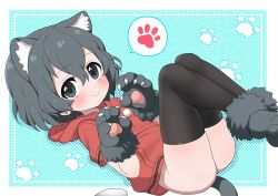 Rule 34 | 1girl, adapted costume, animal ear fluff, animal ears, animal hands, ass, black eyes, black hair, blush, bottomless, cat ears, cat paws, cat tail, claws, hood, hoodie, kaban (kemono friends), kemono friends, kemonomimi mode, looking at viewer, lying, no panties, no pants, on back, ransusan, red hoodie, short hair, solo, spoken paw, tail, thighhighs