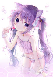 Rule 34 | 1girl, absurdres, animal ear fluff, animal ears, arm up, bell, bow, breasts, camisole, candy, cat ears, chia momochi, collar, crop top, food, hair bow, highres, holding, jingle bell, leaning forward, lollipop, long hair, navel, original, panties, pink camisole, pink panties, pink thighhighs, purple eyes, purple hair, ribbon, side-tie panties, simple background, small breasts, solo, strap slip, thigh gap, thighhighs, twintails, underwear, underwear only, white background, wrist cuffs