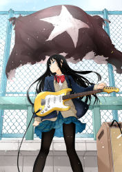 Rule 34 | 1girl, :c, amplifier, arakawa (aintnoroom), arm at side, arm up, black hair, black pantyhose, blue eyes, blue jacket, blue skirt, bow, bowtie, cable, cardigan, chain-link fence, collared shirt, commentary request, day, electric guitar, facing away, fence, flag, frown, guitar, highres, instrument, jacket, legs apart, long hair, looking to the side, original, outdoors, pantyhose, plaid, plaid skirt, pleated skirt, red bow, red bowtie, school uniform, shirt, skirt, solo, standing, sunlight, white shirt, wing collar