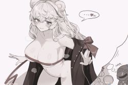 Rule 34 | 1boy, 1girl, 66 muika, animal ears, arknights, bear ears, bottomless, doctor (arknights), long hair, monochrome, rosa (arknights), simple background, skindentation, string bra, thought bubble, twitter, very long hair