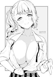 Rule 34 | 1girl, blush, breasts, cleavage, collarbone, commentary request, dated, grey background, greyscale, hair ornament, hair scrunchie, highres, kichihachi, large breasts, looking at viewer, monochrome, original, scrunchie, shirt, short hair, side ponytail, smile, solo, twitter username, two-tone background, white background
