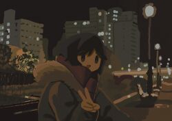 1girl :d absurdres artist_self-insert black_eyes black_hair blurry bokeh building city_lights coat depth_of_field fur-trimmed_coat fur_trim green_coat hand_up highres kyora-chan_(kyora_san) kyora_san lamppost long_sleeves looking_at_viewer night open_mouth original outdoors park red_scarf scarf short_hair smile solo upper_body v