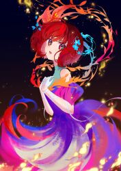 Rule 34 | 1girl, arima kana, black background, bob cut, dress, gloves, hair ornament, hairpin, hand on own chest, highres, inverted bob, light, looking at viewer, open mouth, oshi no ko, purple dress, red eyes, red hair, ribbon, solo, white gloves, xiang yu pai