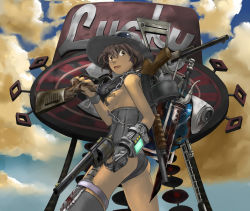 Rule 34 | 1girl, 640mb, ass, bare shoulders, blood, breasts, brown eyes, brown hair, chain, cloud, combat shotgun, courier (fallout new vegas), dark skin, dark-skinned female, fallout (series), fallout: new vegas, gun, handgun, hat, highres, knife, pasties, pip boy, revolver, rifle, shishkebab (fallout), shotgun, sign, sniper rifle, solo, sunglasses, tape, thigh strap, thighhighs, weapon