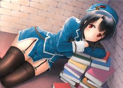 Rule 34 | 1girl, beret, black gloves, black hair, black thighhighs, blue hat, book, brick wall, commentary request, cowboy shot, fukuroumori, garter straps, gloves, hat, kantai collection, looking at viewer, military, military uniform, miniskirt, red eyes, short hair, skirt, solo, takao (kancolle), thighhighs, uniform