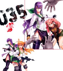 Rule 34 | 3girls, absurdres, breasts, busujima saeko, cleavage, female focus, garter straps, glasses, gun, highres, highschool of the dead, holding, holding sword, holding weapon, lace, lace-trimmed legwear, lace trim, long hair, miyamoto rei, multiple girls, official art, purple hair, satou shouji, short shorts, shorts, simple background, sword, takagi saya, thighhighs, twintails, weapon