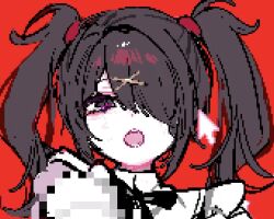 Rule 34 | 1girl, ame-chan (needy girl overdose), black eyes, black hair, black ribbon, commentary request, cursor, hair ornament, hair over one eye, hair tie, hairclip, highres, long hair, looking at viewer, mainemu izu, neck ribbon, needy girl overdose, open mouth, pixel art, red background, ribbon, simple background, solo, twintails, upper body, x hair ornament