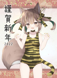 Rule 34 | 1girl, 2022, :d, ahoge, animal ear fluff, animal ears, animal print, bare arms, bare shoulders, black choker, blush, breasts, brown eyes, brown hair, brown nails, choker, claw pose, commentary request, facial mark, fake tail, fang, green hair, hands up, heart, heart ahoge, highres, multicolored hair, nail polish, old school swimsuit, open mouth, original, print swimsuit, risu (ritharte), school swimsuit, small breasts, smile, solo, standing, striped tail, swimsuit, tail, tiger print, tiger tail, twintails, two-tone hair, whisker markings
