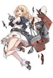Rule 34 | 1girl, ass, beret, blonde hair, blue eyes, burnt clothes, dress, full body, hat, jervis (kancolle), kantai collection, konishi (koconatu), machinery, official art, panties, sailor dress, solo, torn clothes, transparent background, turret, underwear, white panties