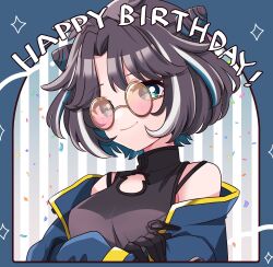 Rule 34 | 1girl, absurdres, black dress, black gloves, black hair, blue hair, blue jacket, breasts, brown-framed eyewear, china dress, chinese clothes, closed mouth, commentary request, cone hair bun, confetti, crossed arms, double bun, dress, gloves, hair bun, happy birthday, highres, jacket, kino haruc, looking at viewer, medium bangs, medium breasts, nanashi inc., off shoulder, open clothes, open jacket, oura rukako, oura rukako (2nd costume), parted bangs, pink-tinted eyewear, round eyewear, sleeveless, sleeveless dress, smile, solo, striped, striped background, sunglasses, tinted eyewear, upper body, virtual youtuber, white hair