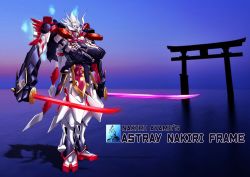 Rule 34 | character name, commentary, crossed arms, dual wielding, english commentary, extra arms, fusion, gundam, gundam astray red frame, gundam seed, gundam seed astray, highres, holding, holding sword, holding weapon, hololive, looking ahead, mecha, mobile suit, nakiri ayame, pravin rao santheran, robot, solo, standing, sword, torii, v-fin, virtual youtuber, weapon, yellow eyes