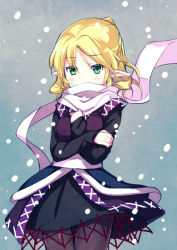 Rule 34 | 1girl, adapted costume, black pantyhose, blonde hair, covered mouth, earrings, green eyes, jewelry, long sleeves, looking at viewer, minamura haruki, mizuhashi parsee, pantyhose, pointy ears, sash, scarf, scarf over mouth, shirt, skirt, snowing, solo, touhou