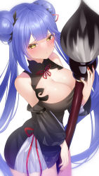 Rule 34 | 1girl, absurdres, azur lane, bare shoulders, black dress, black sleeves, blue hair, breasts, china dress, chinese clothes, cleavage, cleavage cutout, clothing cutout, detached sleeves, double bun, dress, essex (azur lane), essex (brush and ink) (azur lane), hair bun, hair ribbon, highres, holding, holding paintbrush, large breasts, long hair, nail polish, official alternate costume, paintbrush, red nails, red ribbon, ribbon, seele0907, short dress, short sleeves, simple background, solo, very long hair, white background, yellow eyes