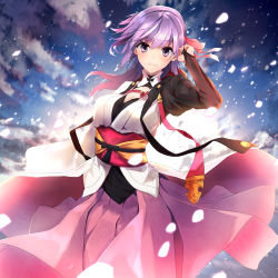 Rule 34 | 1girl, black sleeves, breasts, cleavage cutout, clothing cutout, cloud, collarbone, day, fate/grand order, fate (series), gradient hair, hair ribbon, hand in own hair, highres, japanese clothes, kimono, large breasts, long skirt, long sleeves, looking at viewer, matou sakura, matou sakura (imaginary around), multicolored hair, obi, oriuo q, outdoors, petals, pink hair, pink ribbon, pink skirt, pleated skirt, purple eyes, purple hair, ribbon, sash, skirt, smile, solo, two-tone hair, white kimono