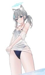 Rule 34 | 1girl, alternate costume, animal ear fluff, animal ears, bare shoulders, blue archive, blue eyes, blue one-piece swimsuit, caba (caba091), extra ears, grey hair, hair ornament, halo, off shoulder, one-piece swimsuit, ponytail, see-through, shiroko (blue archive), shirt, sidelocks, solo, spaghetti strap, swimsuit, thighs, white shirt, wolf ears