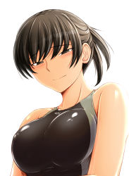 Rule 34 | 1girl, amagami, bare shoulders, black eyes, black hair, blush, breasts, competition swimsuit, highres, large breasts, looking at viewer, one-piece swimsuit, ponytail, sasaki akira (ugc), shiny clothes, shiny skin, simple background, solo, swimsuit, tsukahara hibiki, upper body, white background