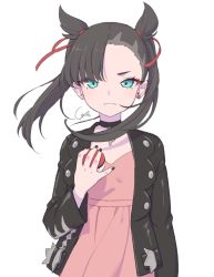 Rule 34 | 1girl, aqua eyes, asymmetrical bangs, black choker, black hair, black jacket, black nails, choker, closed mouth, commentary request, creatures (company), dress, earrings, game freak, hair ribbon, highres, holding, holding poke ball, jacket, jewelry, konbu (hida123), looking at viewer, marnie (pokemon), nail polish, nintendo, open clothes, open jacket, pink dress, poke ball, poke ball (basic), pokemon, pokemon swsh, red ribbon, ribbon, signature, simple background, solo, stud earrings, twintails, v-shaped eyebrows, white background