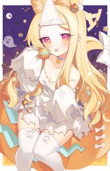 Rule 34 | 1girl, animal ears, blonde hair, blue archive, blush, choker, dress, eskimofox, feet out of frame, fox ears, fox tail, ghost costume, halloween, halloween costume, halo, highres, jack-o&#039;-lantern, long hair, looking at viewer, seia (blue archive), sleeves past fingers, sleeves past wrists, smile, solo, tail, thighhighs, tongue, tongue out, very long hair, white choker, white dress, white thighhighs, yellow eyes, yellow halo