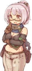 Rule 34 | 1girl, 7010, :d, bare shoulders, belly, belt, blush, breasts, brown eyes, cleavage, elbow gloves, glasses, gloves, hand to own mouth, medium breasts, muffin top, navel, open mouth, pink hair, plump, ponytail, smile, solo