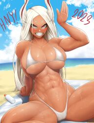 Rule 34 | 1girl, 2023, :d, abs, absurdres, animal ears, bare shoulders, beach, beach towel, bikini, blush, boku no hero academia, breasts, chinese zodiac, cleavage, collarbone, dark-skinned female, dark skin, darkvil, hand up, happy new year, highres, large breasts, long eyelashes, long hair, looking at viewer, lotion bottle, micro bikini, mirko, muscular, muscular female, navel, new year, open mouth, parted bangs, rabbit ears, rabbit girl, red eyes, side-tie bikini bottom, sitting, skindentation, sky, smile, solo, spread legs, stomach, sweat, swimsuit, teeth, thick thighs, thighs, towel, underboob, very long hair, water, white bikini, white hair, year of the rabbit