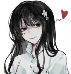 1girl black_eyes black_hair chinese_commentary closed_mouth commentary_request genderswap genderswap_(mtf) heart long_hair mole mole_under_eye portrait qijilan shirt simple_background smile solo touqi_guaitan white_background white_shirt ziche_fuzhao