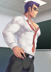 Rule 34 | 1boy, absurdres, bara, belt, black belt, black pants, collared shirt, covered erect nipples, glasses, highres, large pectorals, looking at viewer, male focus, muscular, muscular male, necktie, original, p3ta (yio), pants, pectorals, purple eyes, shirt, short hair, sideburns, solo, white shirt