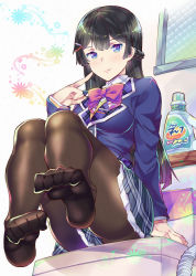 Rule 34 | 1girl, arm support, arms up, black hair, black pantyhose, blue eyes, blue jacket, blue skirt, bow, bowtie, braid, closed mouth, detergent, dress shirt, feet, frilled skirt, frills, hair ornament, hairclip, indoors, jacket, long hair, looking at viewer, nijisanji, no shoes, pantyhose, plaid, plaid skirt, pointing, pointing at self, red bow, red bowtie, school uniform, shirt, sitting, skirt, smile, soles, solo, sweater, takano itsuki, toe scrunch, toes, tsukino mito, tsukino mito (1st costume), v-neck, virtual youtuber, washing machine, white shirt, window, yellow sweater