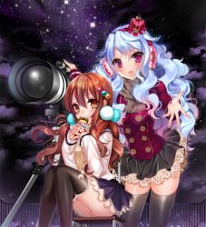 Rule 34 | 2girls, :d, bad id, bad pixiv id, black legwear, blue hair, blush, brown eyes, brown hair, can, cosmos (the crying moon), crown, hair ornament, hairband, highres, holding, long hair, multiple girls, night, night sky, open mouth, original, outstretched arm, pink eyes, scarf, sitting, skirt, sky, smile, star (sky), starry sky, telescope, thighhighs, twintails